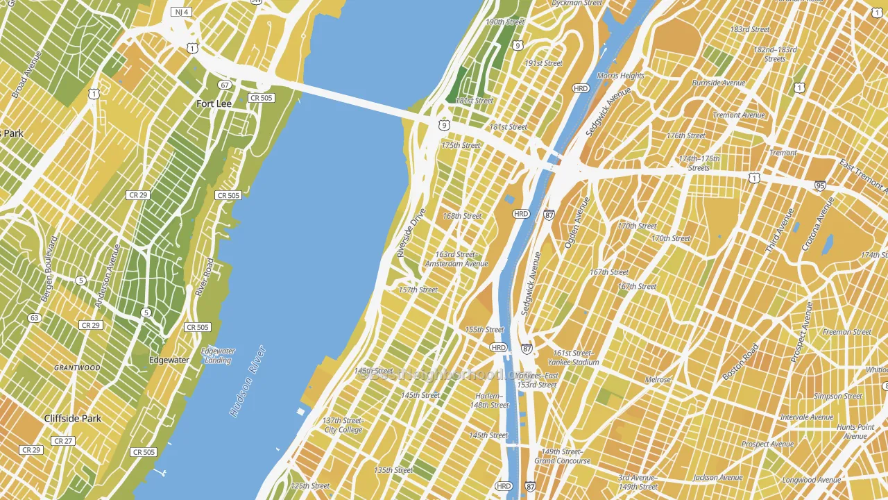 Map of the best neighborhoods in the 10032 area, with better matches in green and worse matches in red