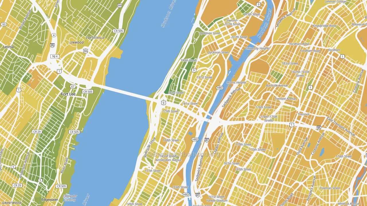 Map of the best neighborhoods in the 10033 area, with better matches in green and worse matches in red