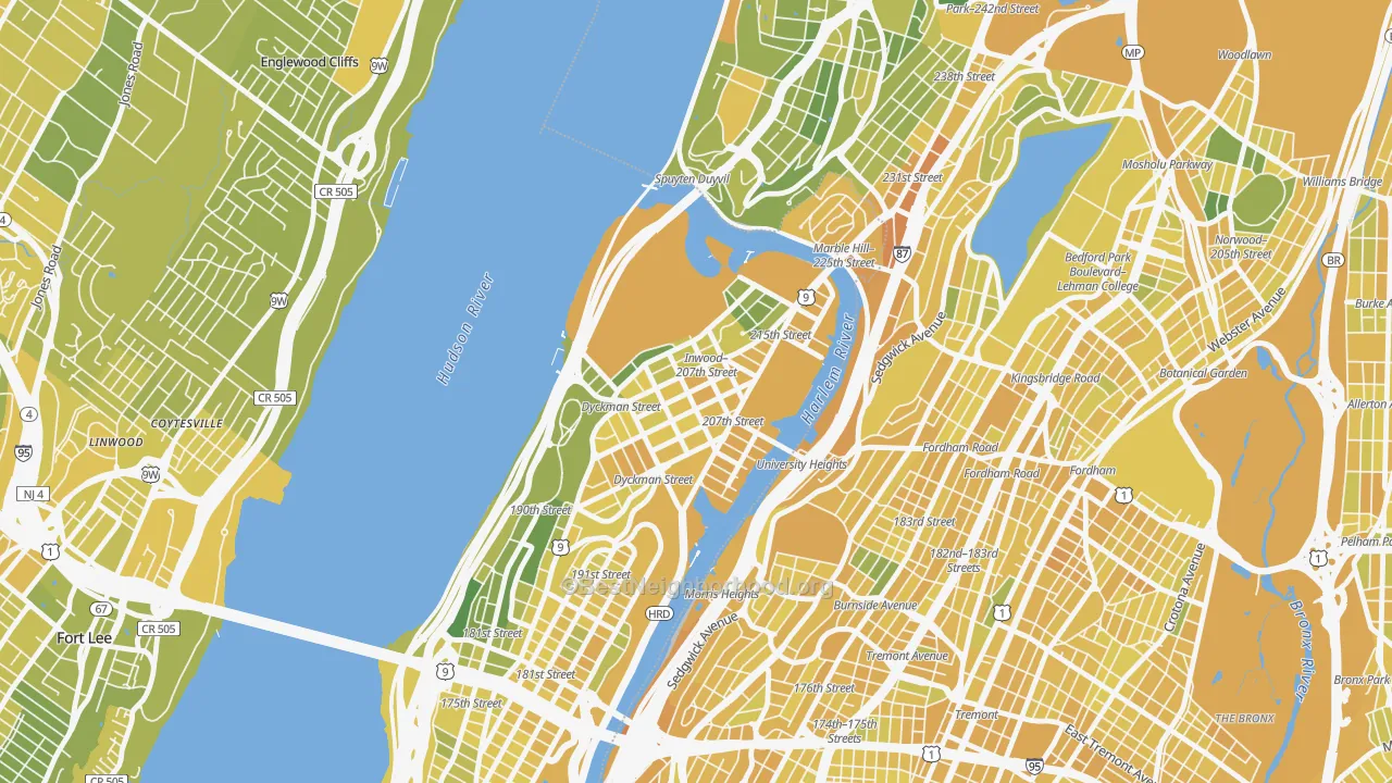 Map of the best neighborhoods in the 10034 area, with better matches in green and worse matches in red
