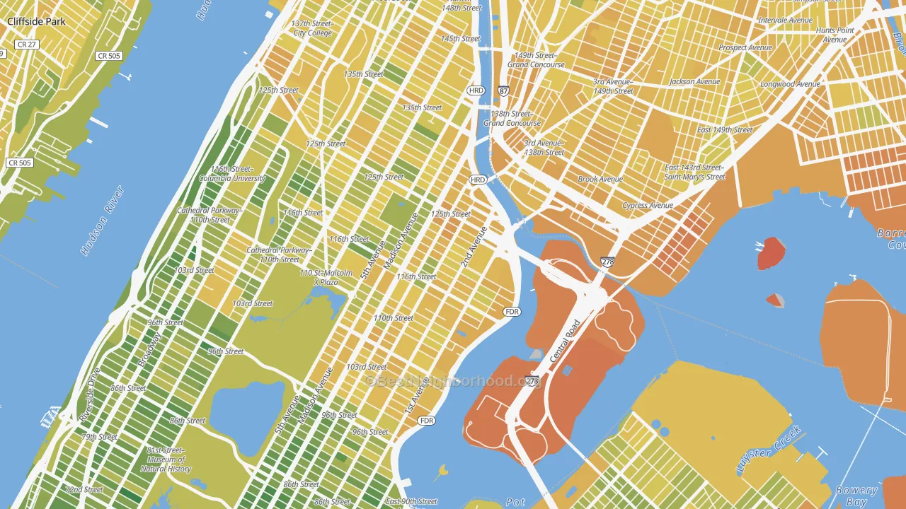 Map of the best neighborhoods in the 10035 area, with better matches in green and worse matches in red