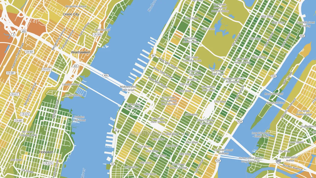 Map of the best neighborhoods in the 10036 area, with better matches in green and worse matches in red