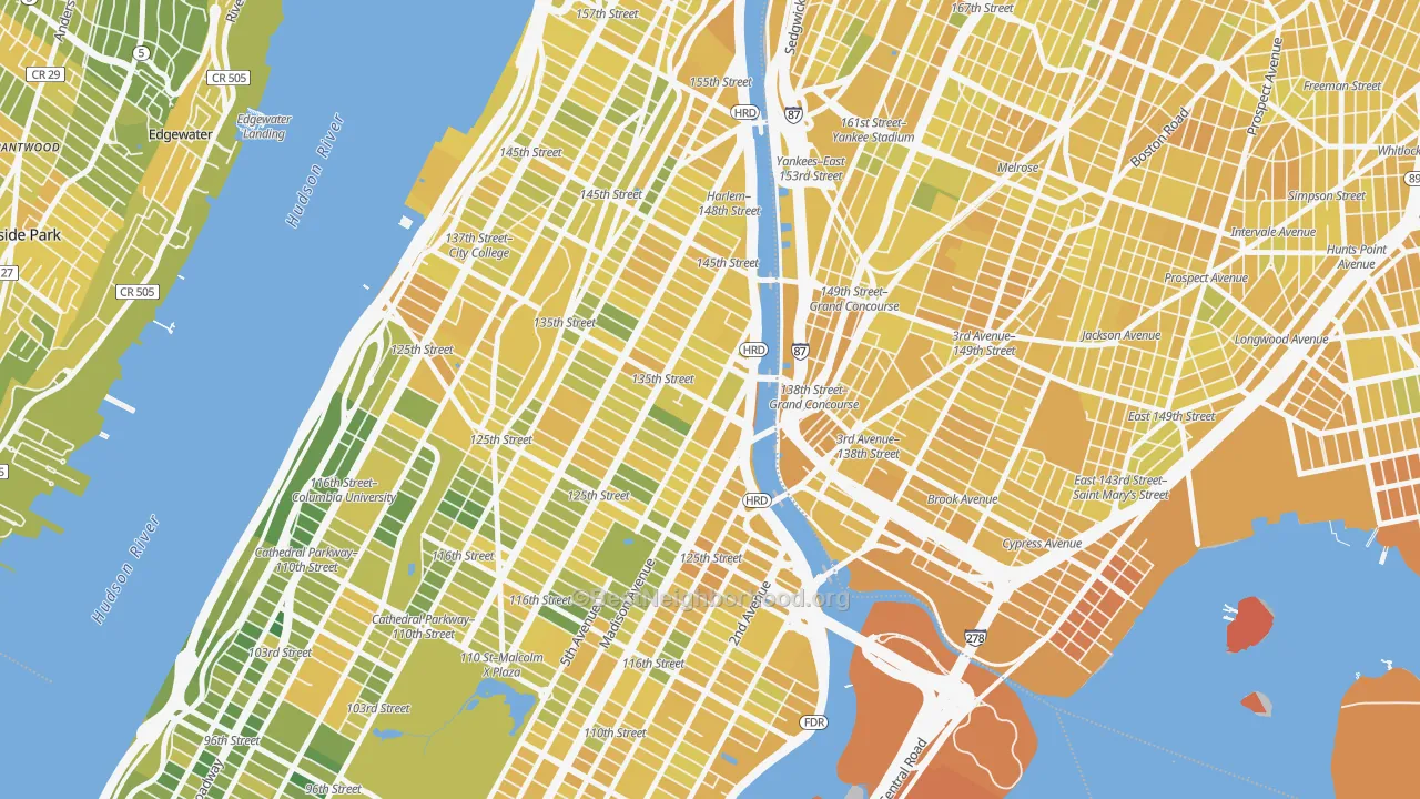 Map of the best neighborhoods in the 10037 area, with better matches in green and worse matches in red