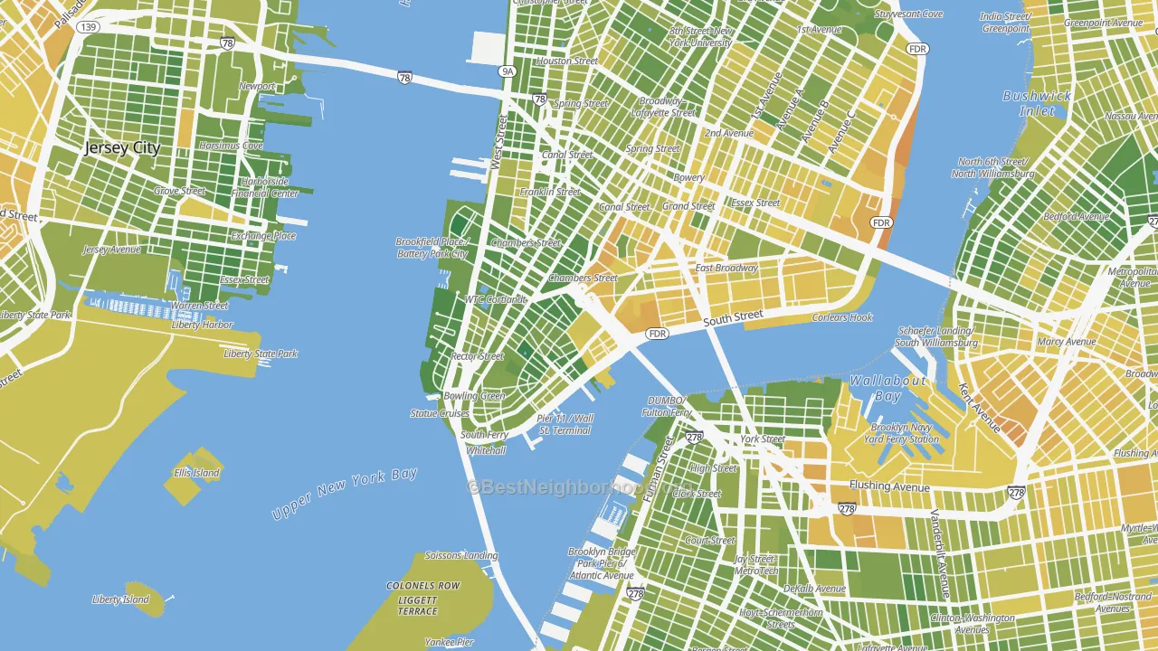 Map of the best neighborhoods in the 10038 area, with better matches in green and worse matches in red