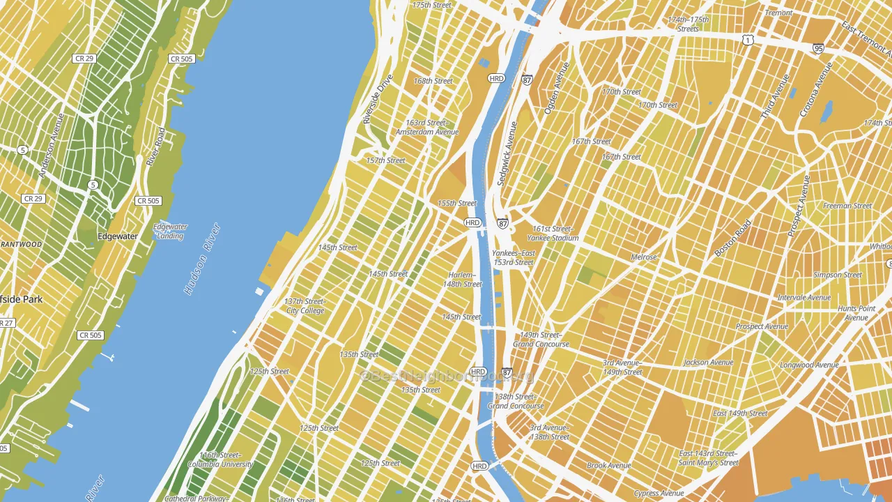 Map of the best neighborhoods in the 10039 area, with better matches in green and worse matches in red