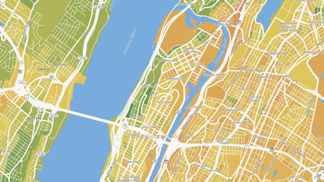 Map of the best neighborhoods in the 10040 area, with better matches in green and worse matches in red