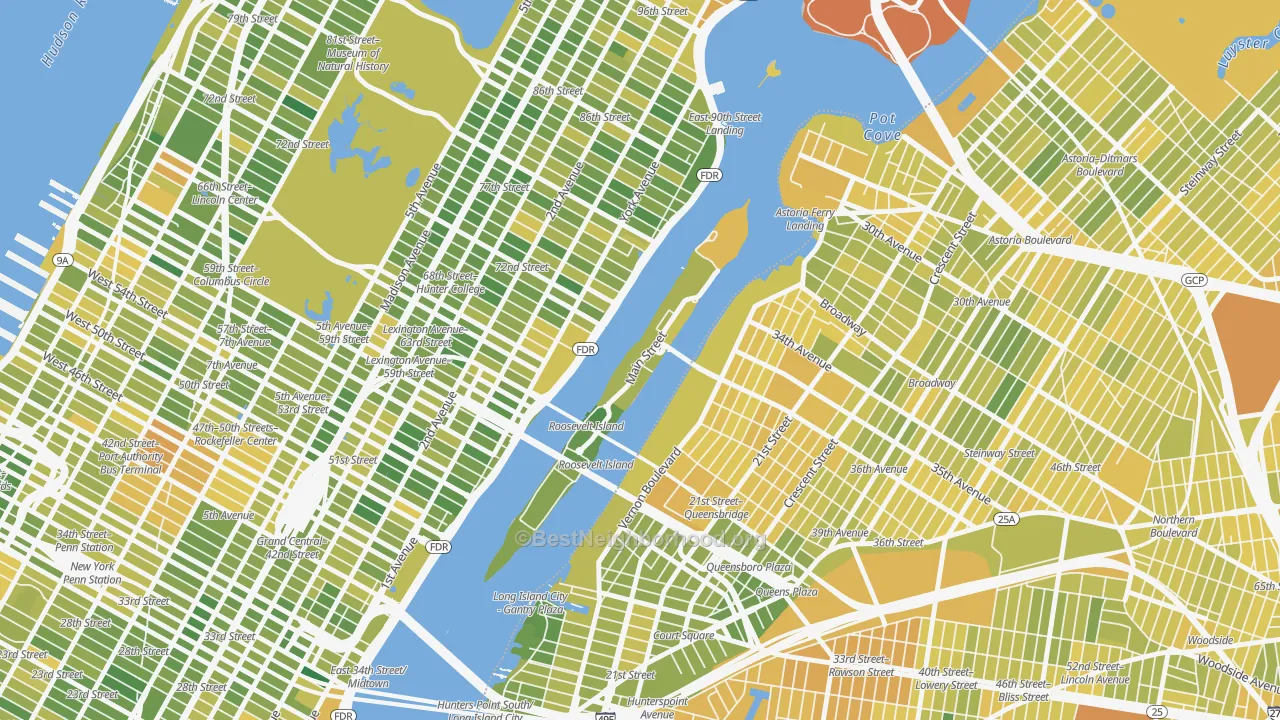 Map of the best neighborhoods in the 10044 area, with better matches in green and worse matches in red