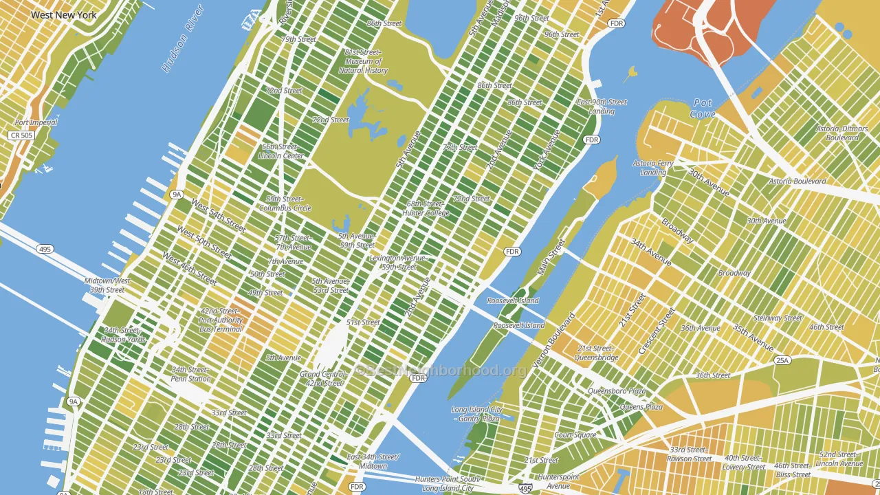 Map of the best neighborhoods in the 10065 area, with better matches in green and worse matches in red