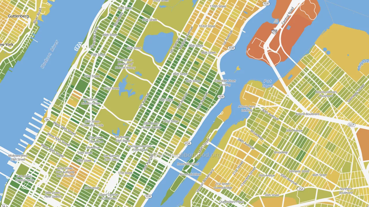 Map of the best neighborhoods in the 10075 area, with better matches in green and worse matches in red
