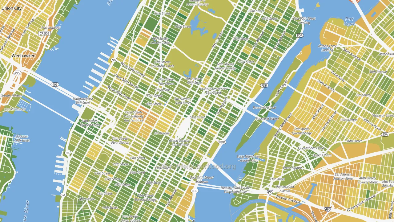 Map of the best neighborhoods in the 10152 area, with better matches in green and worse matches in red