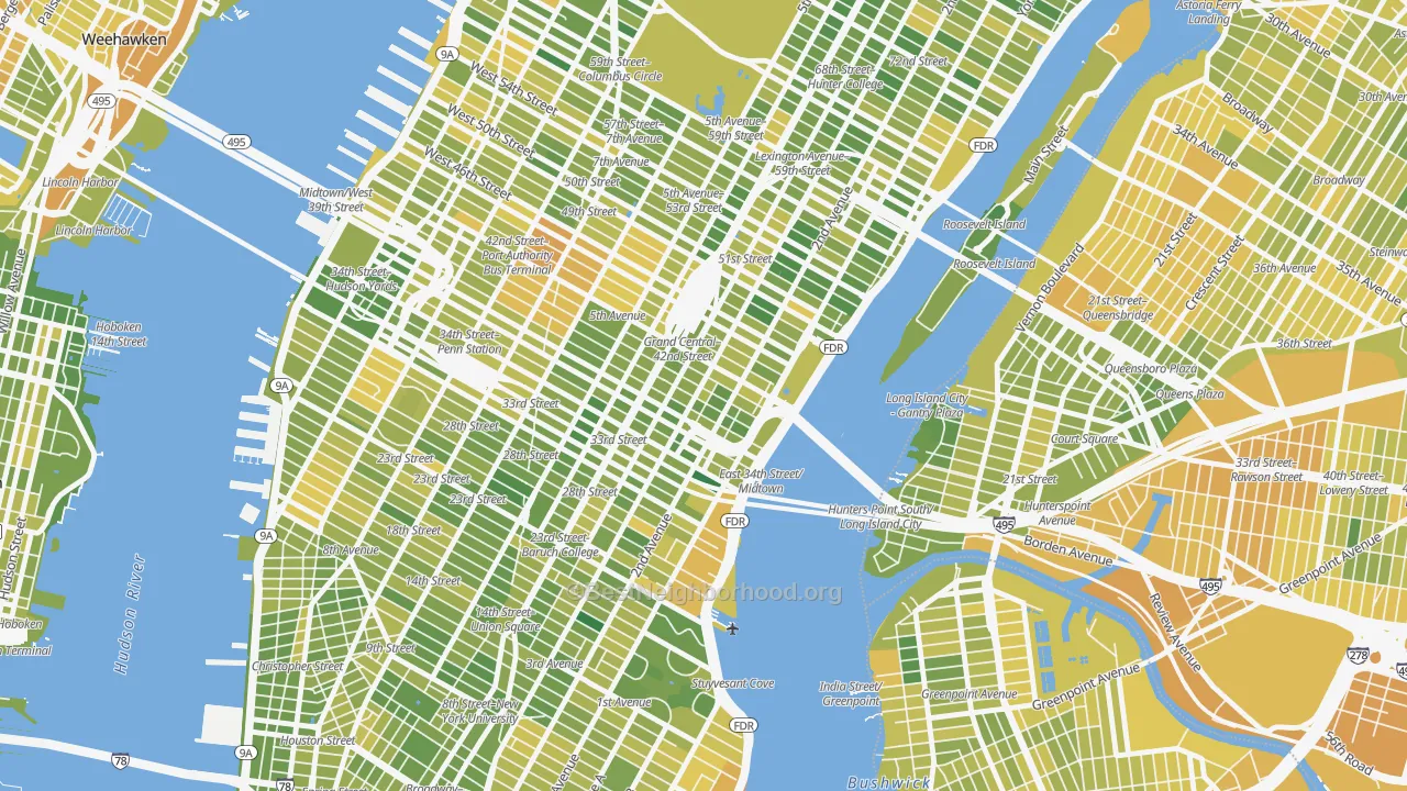 Map of the best neighborhoods in the 10158 area, with better matches in green and worse matches in red