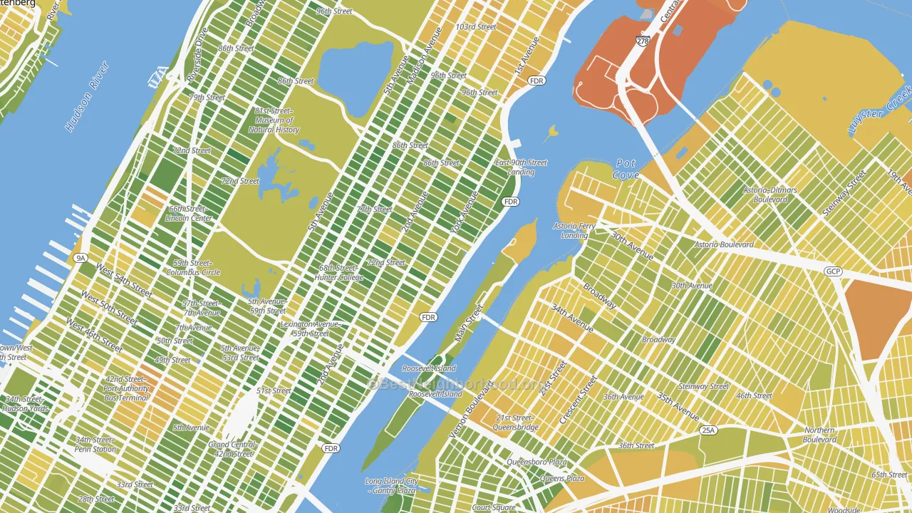 Map of the best neighborhoods in the 10162 area, with better matches in green and worse matches in red