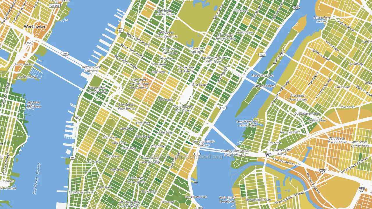 Map of the best neighborhoods in the 10170 area, with better matches in green and worse matches in red