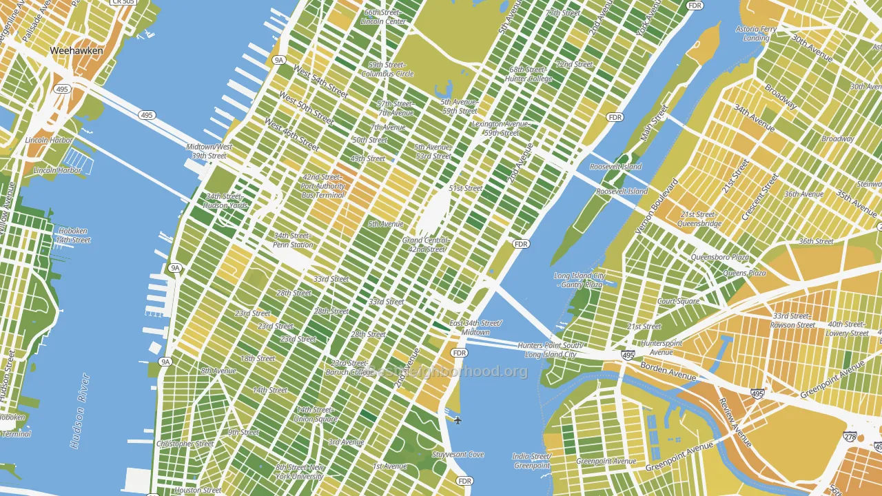 Map of the best neighborhoods in the 10174 area, with better matches in green and worse matches in red