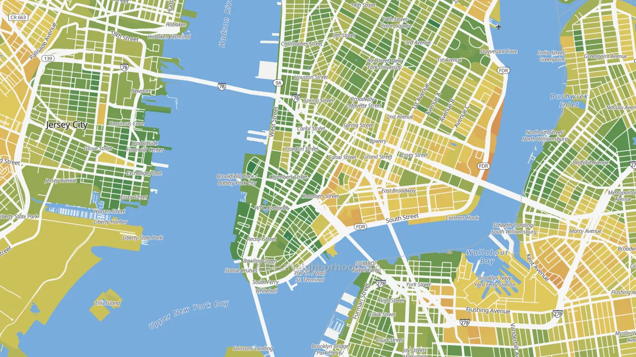 Map of the best neighborhoods in the 10278 area, with better matches in green and worse matches in red
