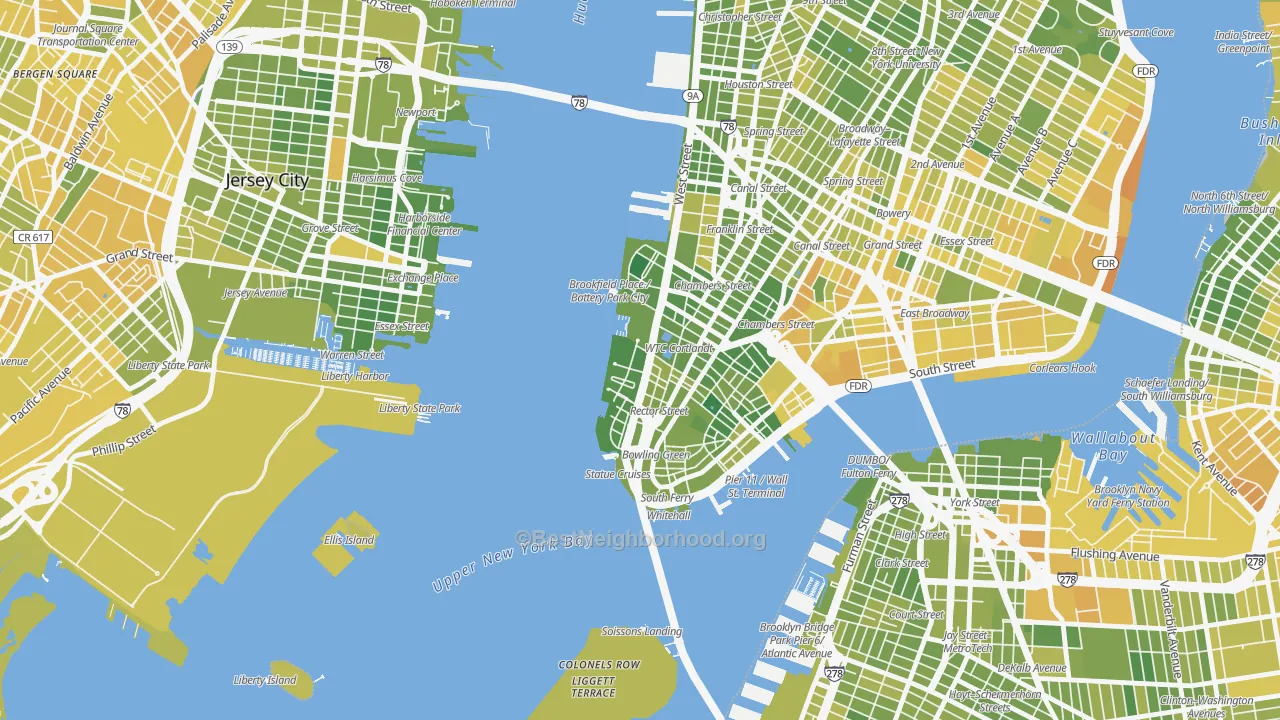 Map of the best neighborhoods in the 10281 area, with better matches in green and worse matches in red