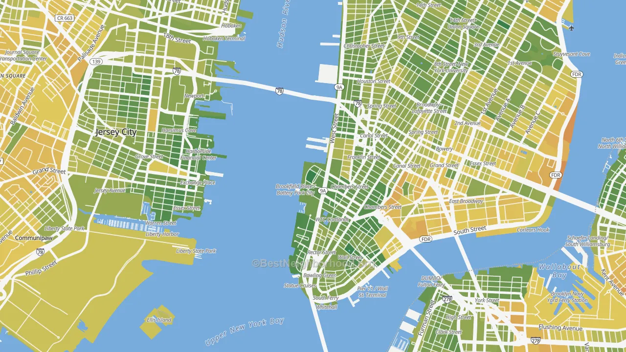Map of the best neighborhoods in the 10282 area, with better matches in green and worse matches in red