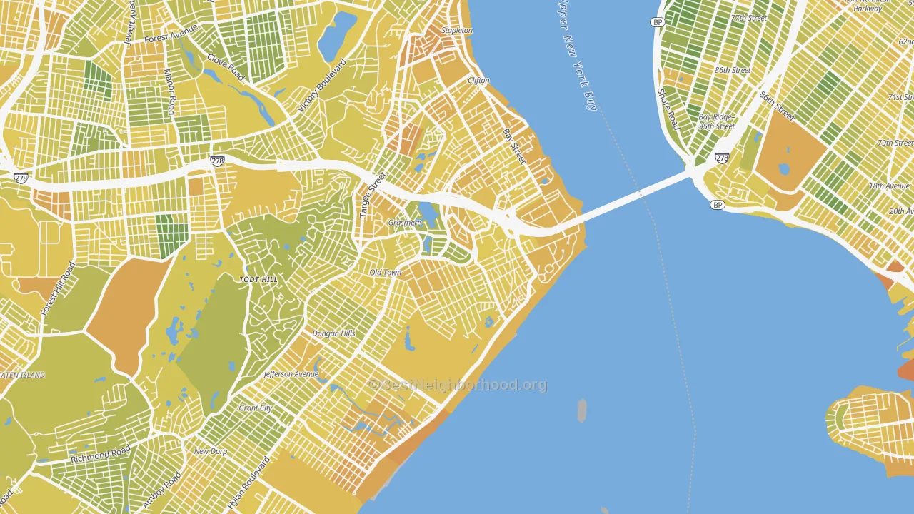 Map of the best neighborhoods in the 10305 area, with better matches in green and worse matches in red