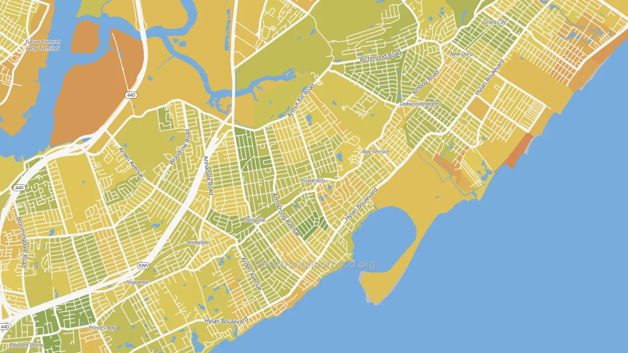 Map of the best neighborhoods in the 10308 area, with better matches in green and worse matches in red