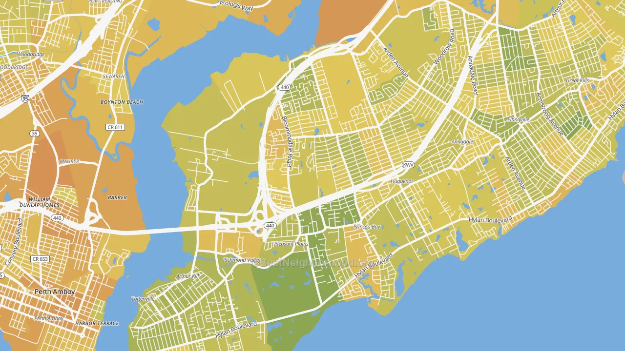 Map of the best neighborhoods in the 10309 area, with better matches in green and worse matches in red