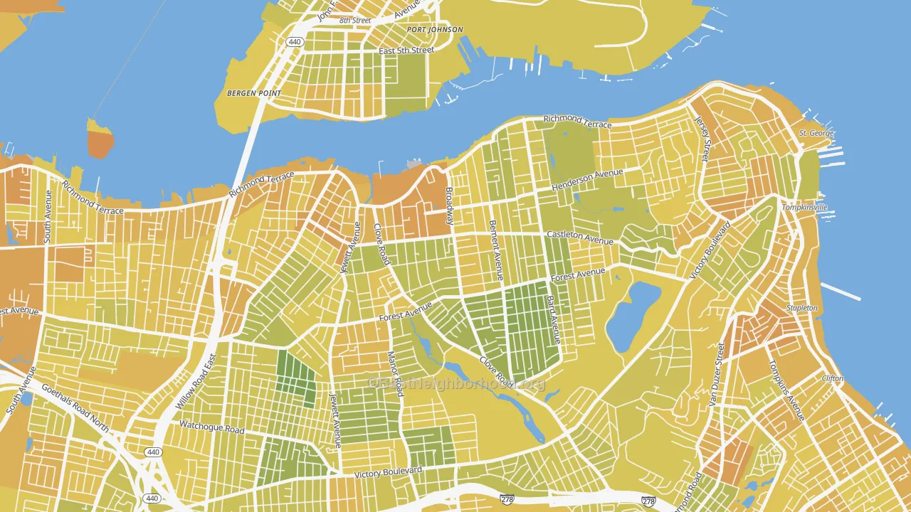 Map of the best neighborhoods in the 10310 area, with better matches in green and worse matches in red