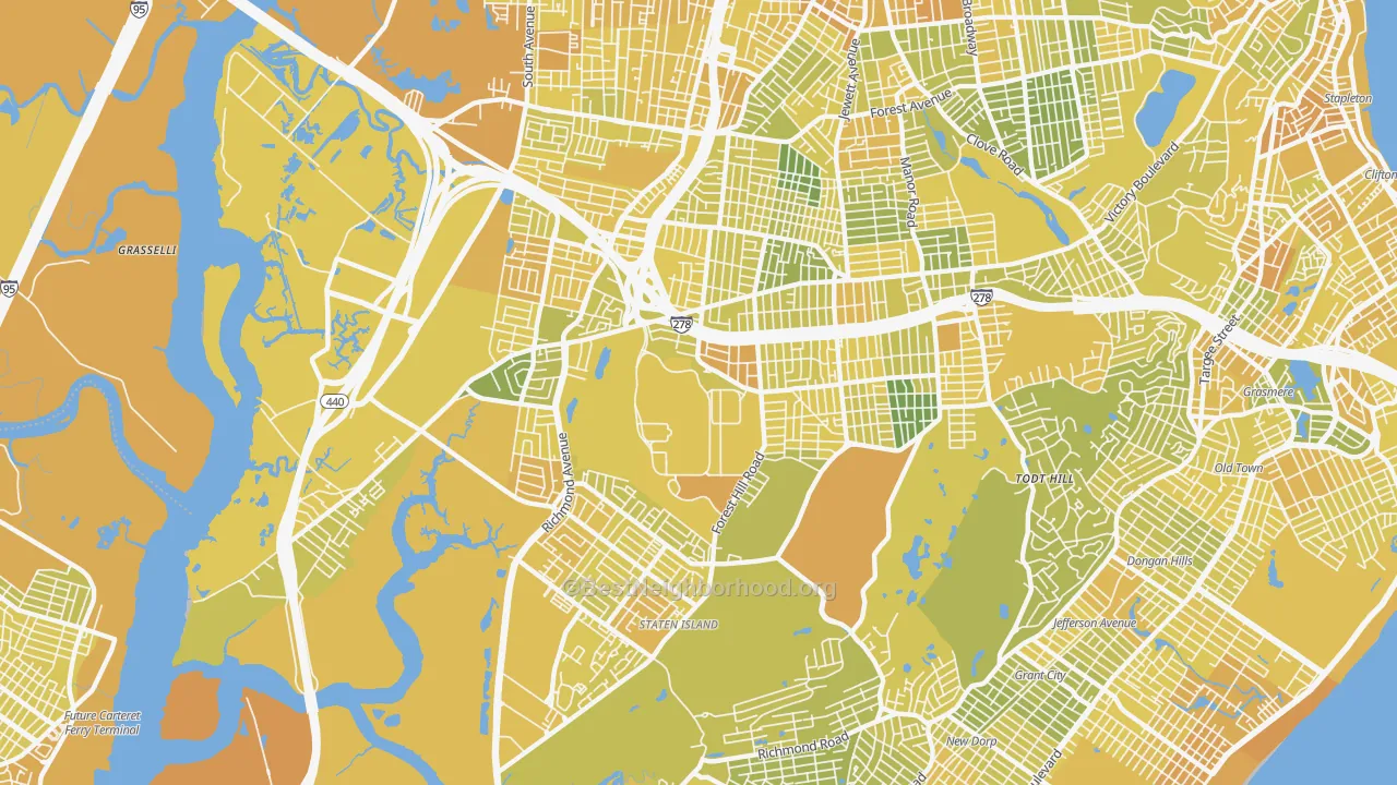 Map of the best neighborhoods in the 10314 area, with better matches in green and worse matches in red