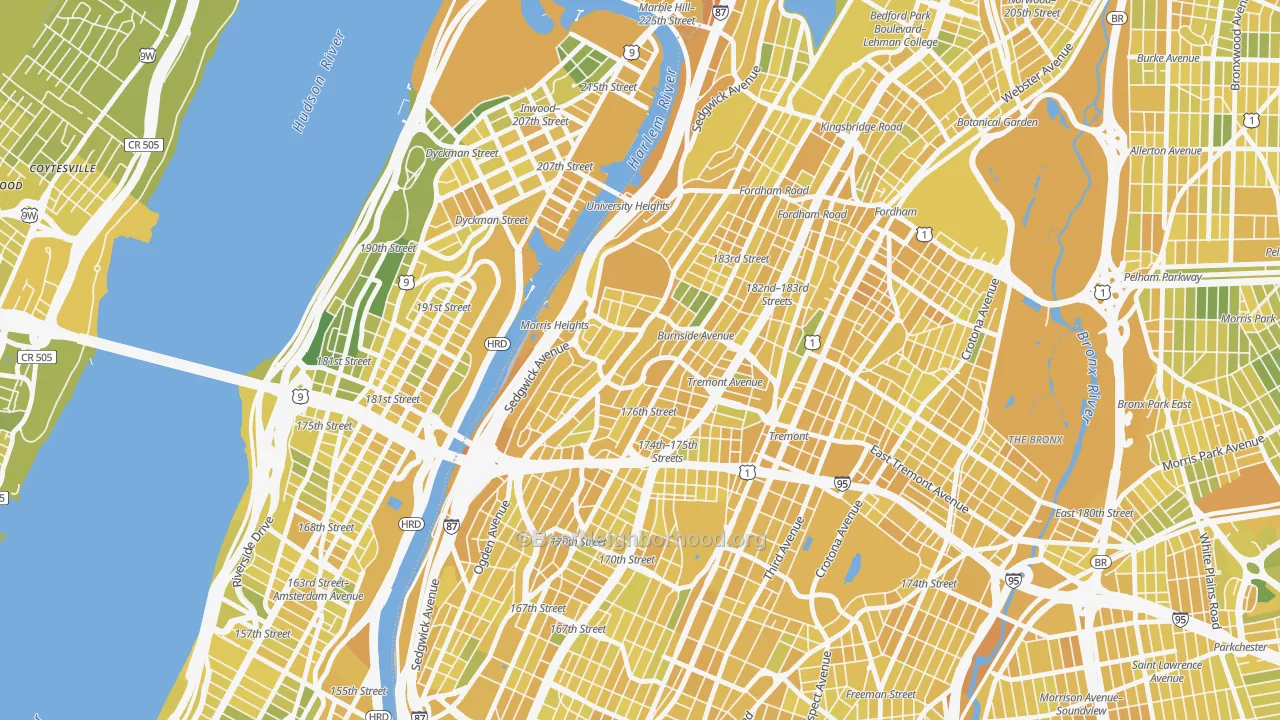 Map of the best neighborhoods in the 10453 area, with better matches in green and worse matches in red