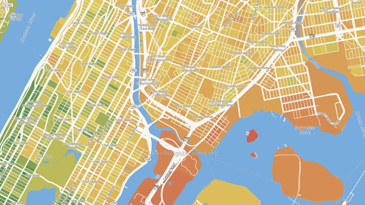 Map of the best neighborhoods in the 10454 area, with better matches in green and worse matches in red