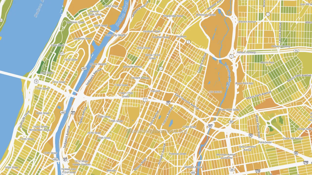Map of the best neighborhoods in the 10457 area, with better matches in green and worse matches in red