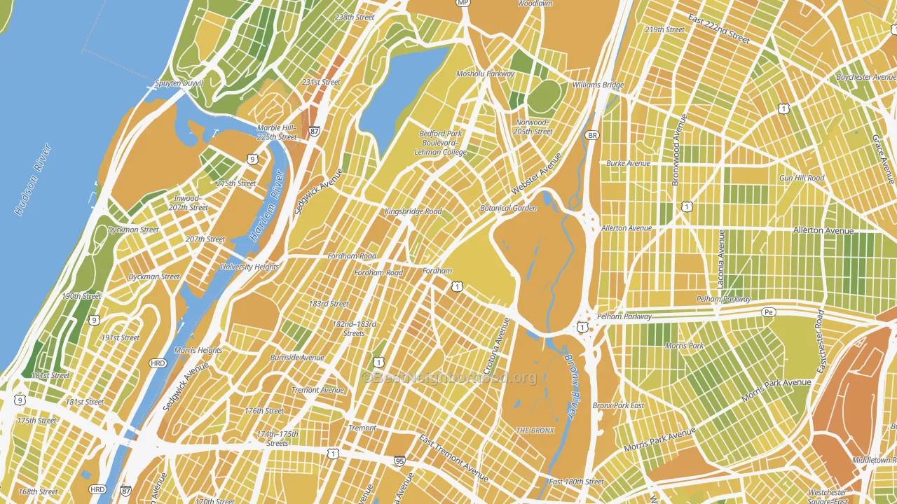 Map of the best neighborhoods in the 10458 area, with better matches in green and worse matches in red