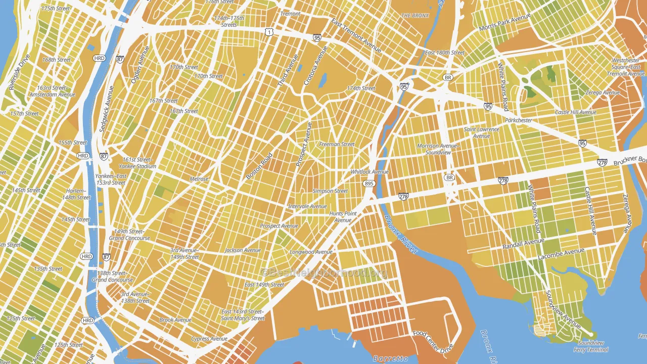 Map of the best neighborhoods in the 10459 area, with better matches in green and worse matches in red
