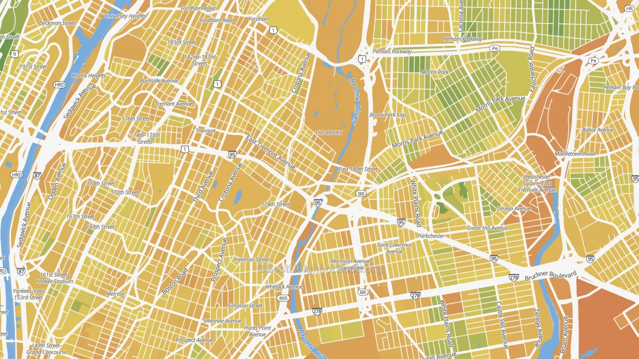 Map of the best neighborhoods in the 10460 area, with better matches in green and worse matches in red