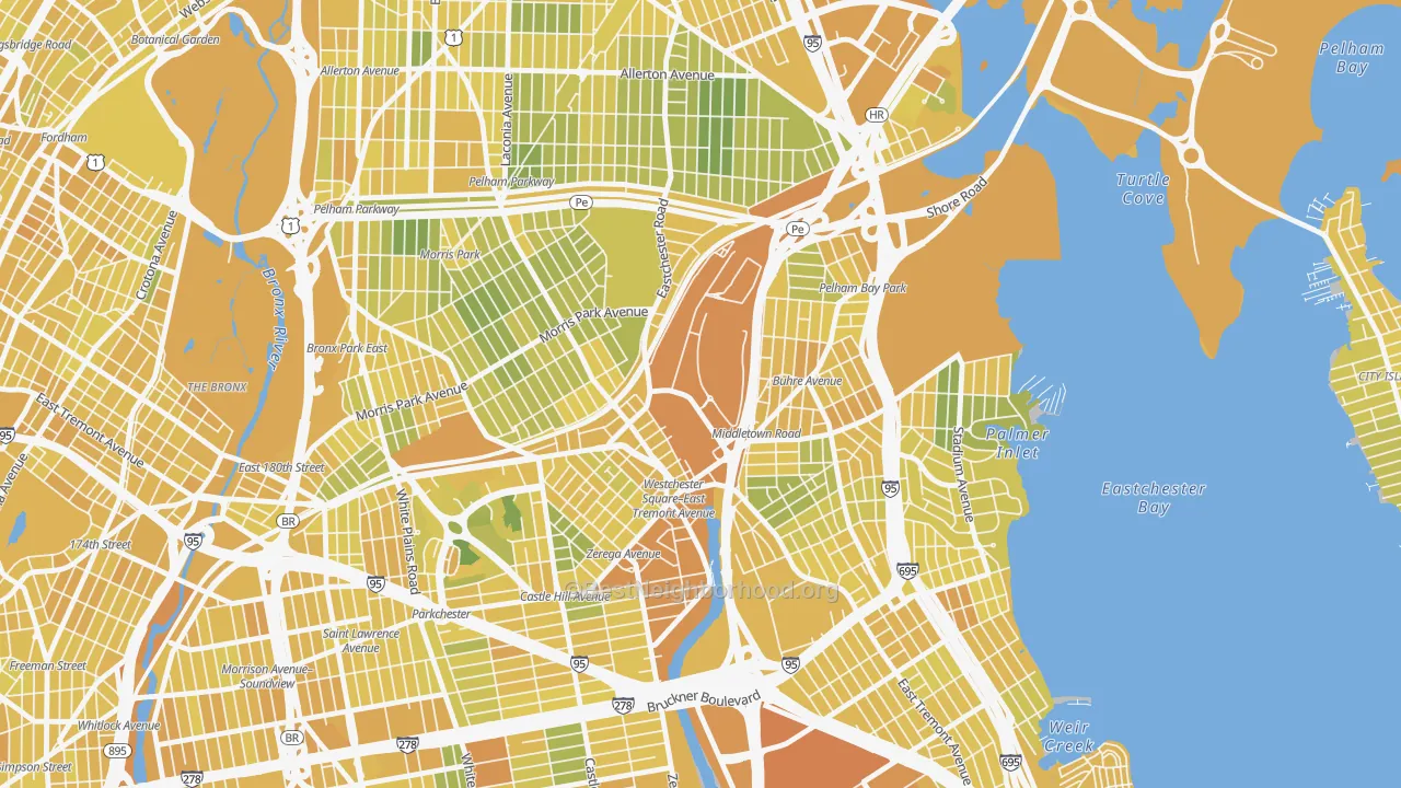 Map of the best neighborhoods in the 10461 area, with better matches in green and worse matches in red