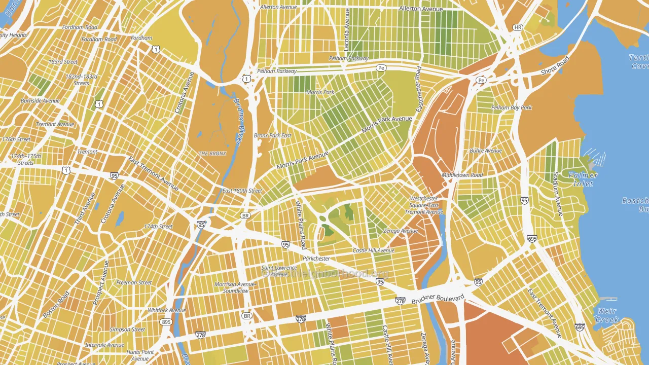 Map of the best neighborhoods in the 10462 area, with better matches in green and worse matches in red