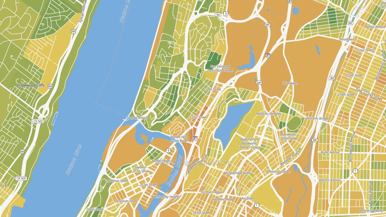 Map of the best neighborhoods in the 10463 area, with better matches in green and worse matches in red