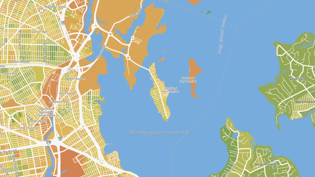 Map of the best neighborhoods in the 10464 area, with better matches in green and worse matches in red
