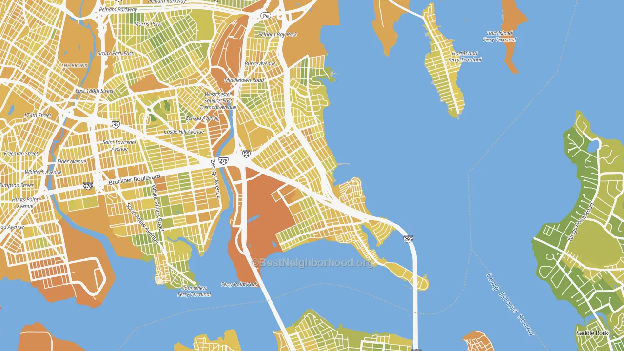 Map of the best neighborhoods in the 10465 area, with better matches in green and worse matches in red