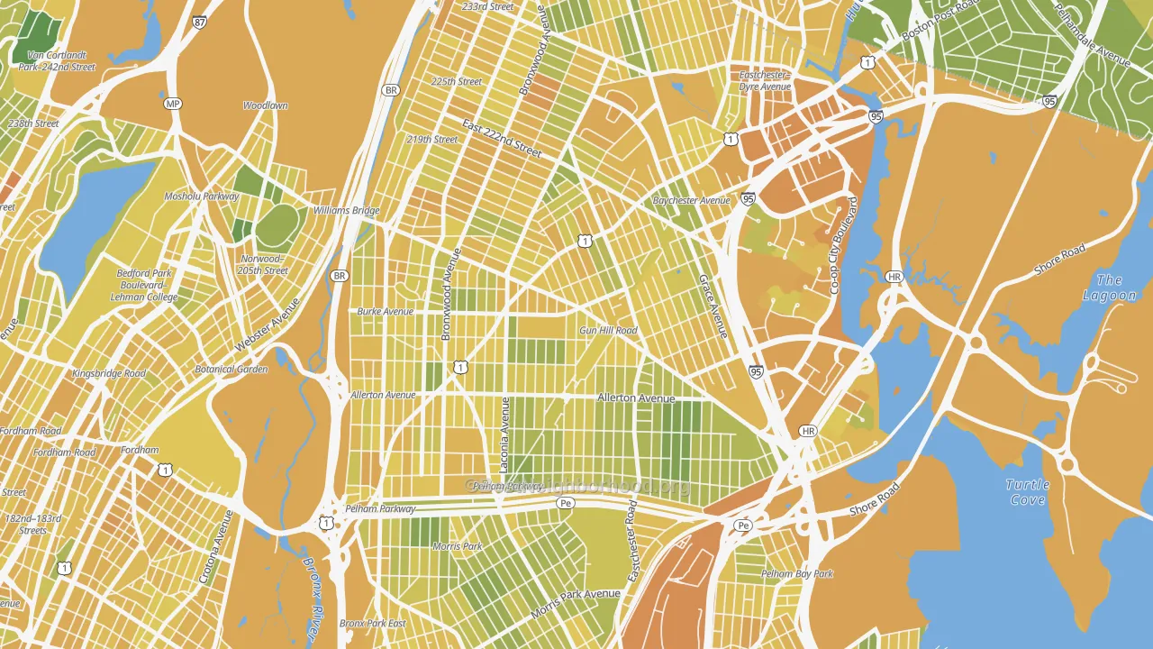 Map of the best neighborhoods in the 10469 area, with better matches in green and worse matches in red
