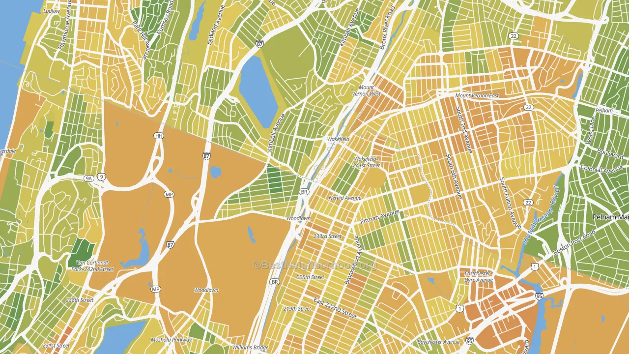 Map of the best neighborhoods in the 10470 area, with better matches in green and worse matches in red