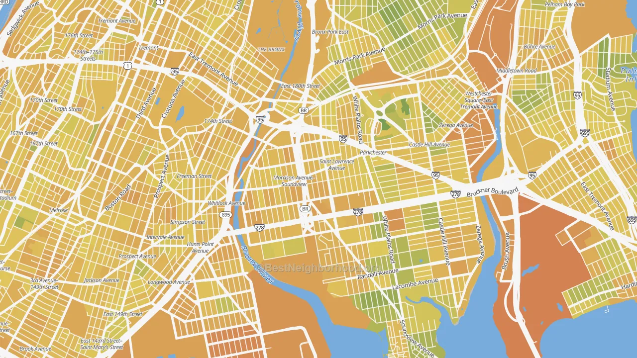 Map of the best neighborhoods in the 10472 area, with better matches in green and worse matches in red