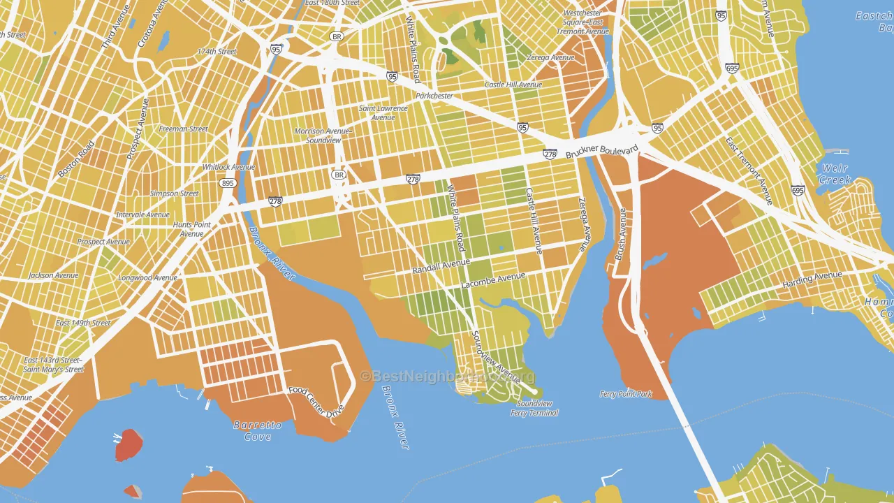 Map of the best neighborhoods in the 10473 area, with better matches in green and worse matches in red