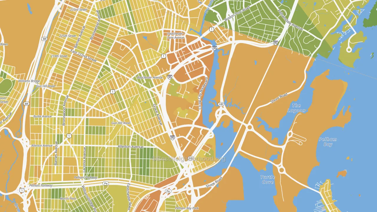 Map of the best neighborhoods in the 10475 area, with better matches in green and worse matches in red