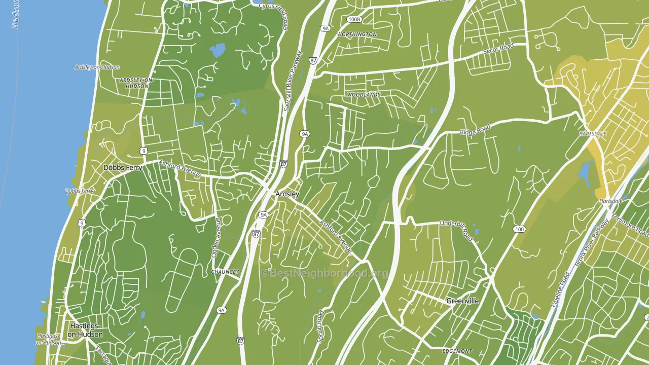 Map of the best neighborhoods in the 10502 area, with better matches in green and worse matches in red