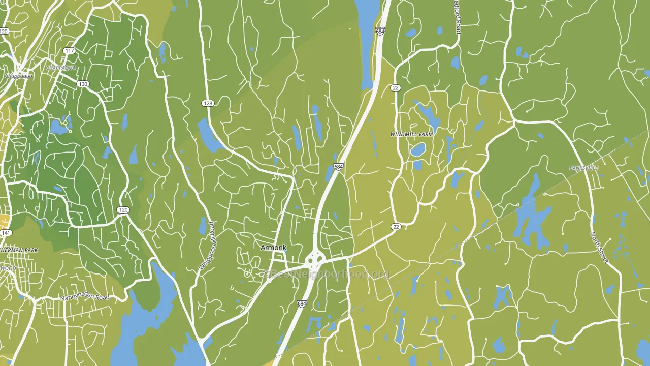 Map of the best neighborhoods in the 10504 area, with better matches in green and worse matches in red