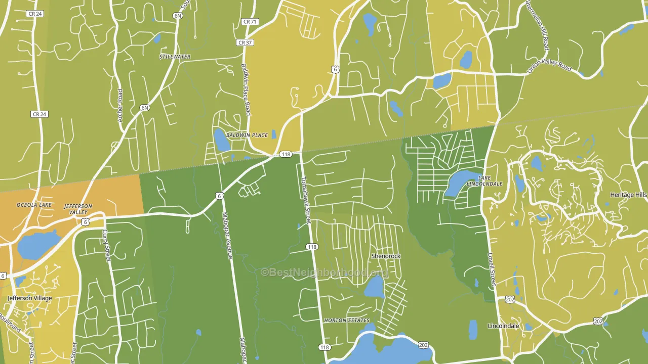 Map of the best neighborhoods in the 10505 area, with better matches in green and worse matches in red