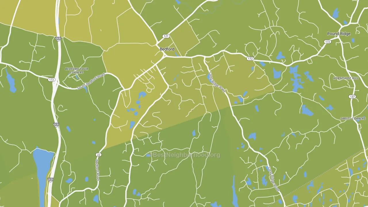 Map of the best neighborhoods in the 10506 area, with better matches in green and worse matches in red