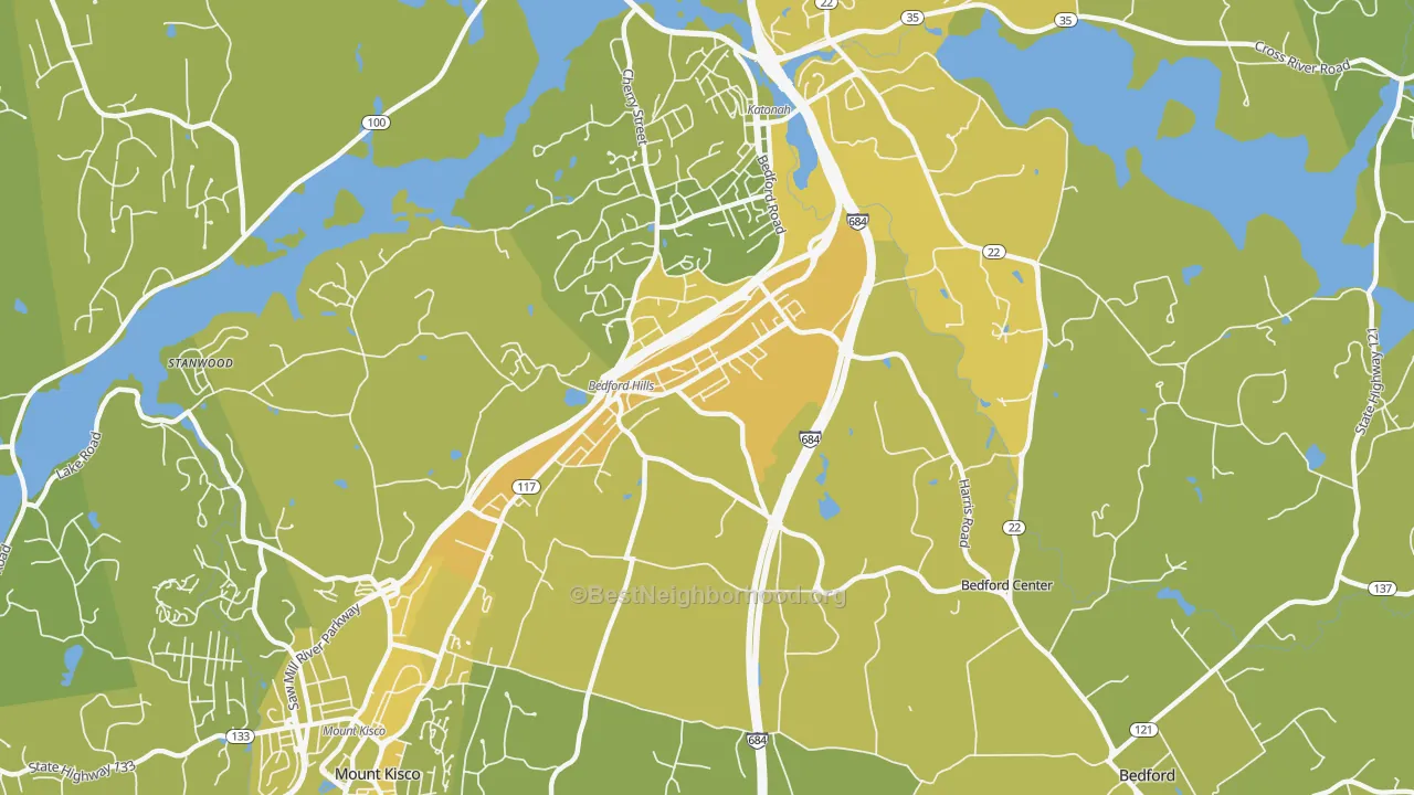Map of the best neighborhoods in the 10507 area, with better matches in green and worse matches in red