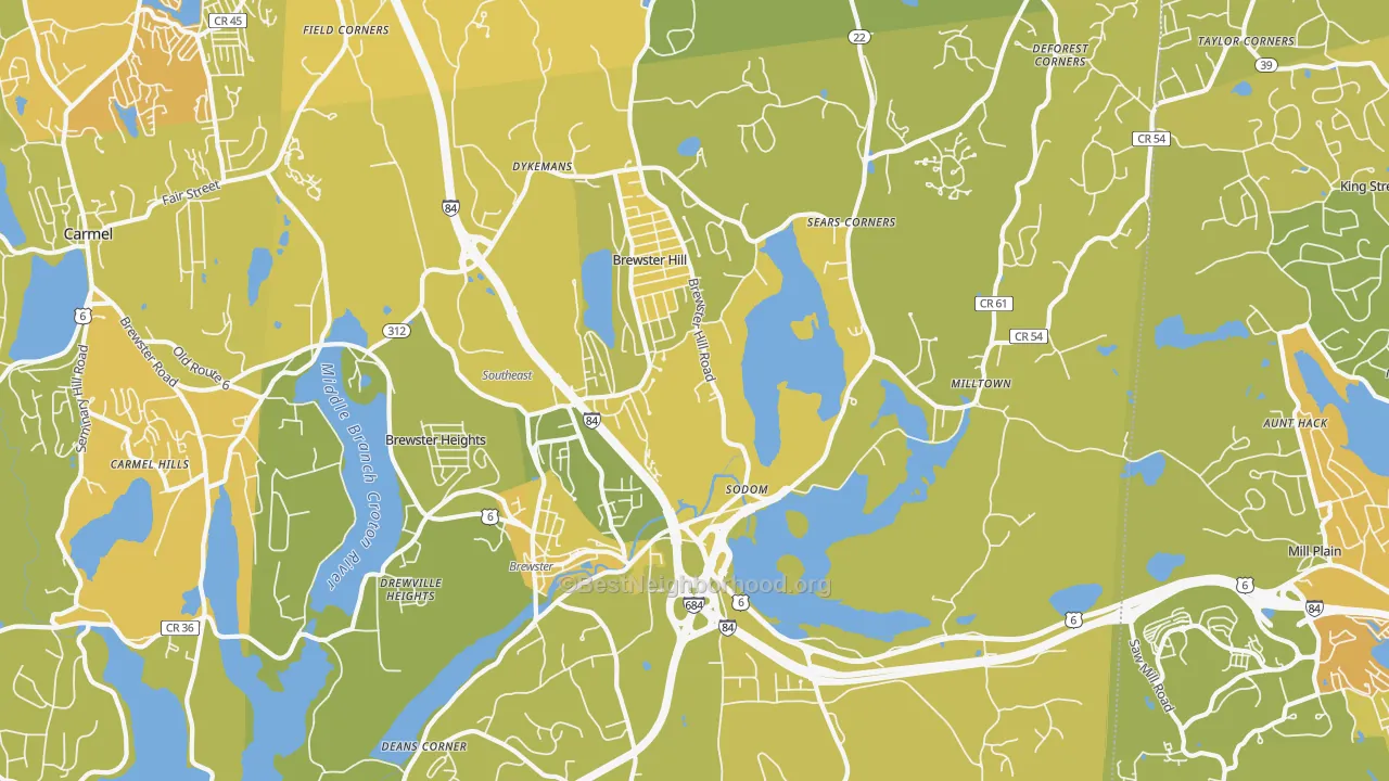 Map of the best neighborhoods in the 10509 area, with better matches in green and worse matches in red