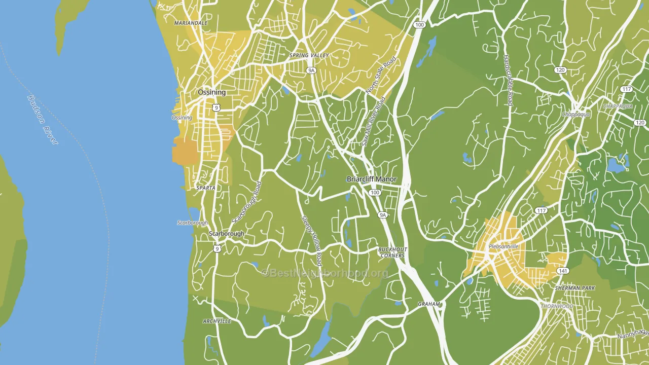 Map of the best neighborhoods in the 10510 area, with better matches in green and worse matches in red