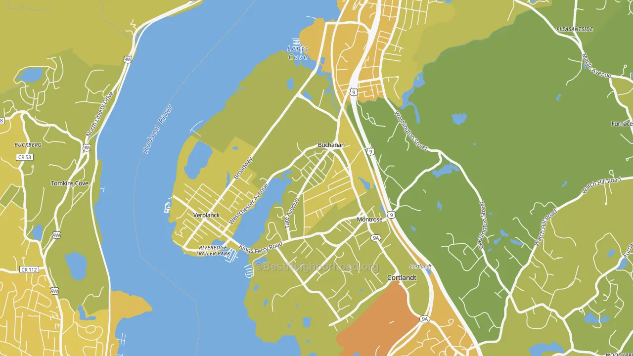 Map of the best neighborhoods in the 10511 area, with better matches in green and worse matches in red