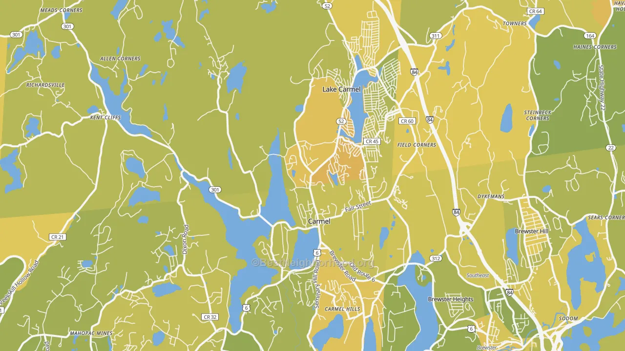 Map of the best neighborhoods in the 10512 area, with better matches in green and worse matches in red